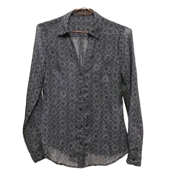 The limited button down v neck semi sheer career print blouse long sleeve - Picture 1 of 6